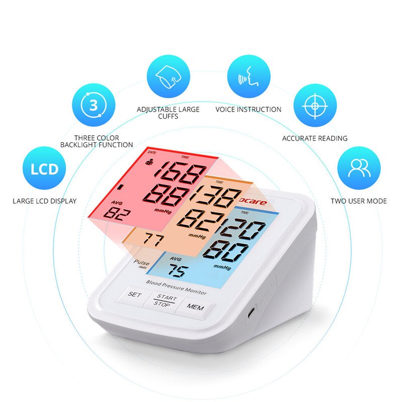 Sinocare blodtryksmåler tensiometer overarm automatisk digital bp maskine puls pulsmåler lcd display
