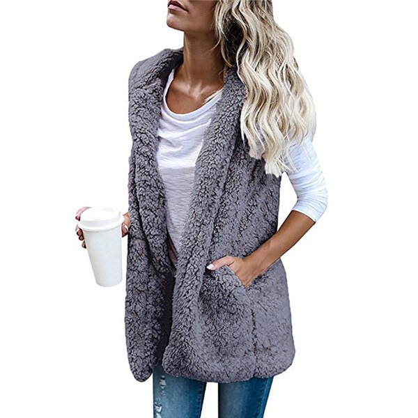 Hooded Vest For Women Autumn Winter Thick Warm Lamb Cashmere Coat Sleeveless Pocket Vests Jacket Outwear Casual Vest: Gray / XL