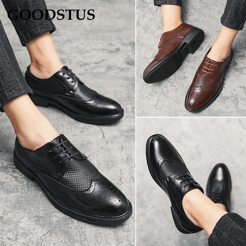GOODSTUS Men Formal Brogues Shoes Pu Vamp Breathable Rubber Anti-Slip Bottom Comfortable Men Wedding Leather Dress Shoes