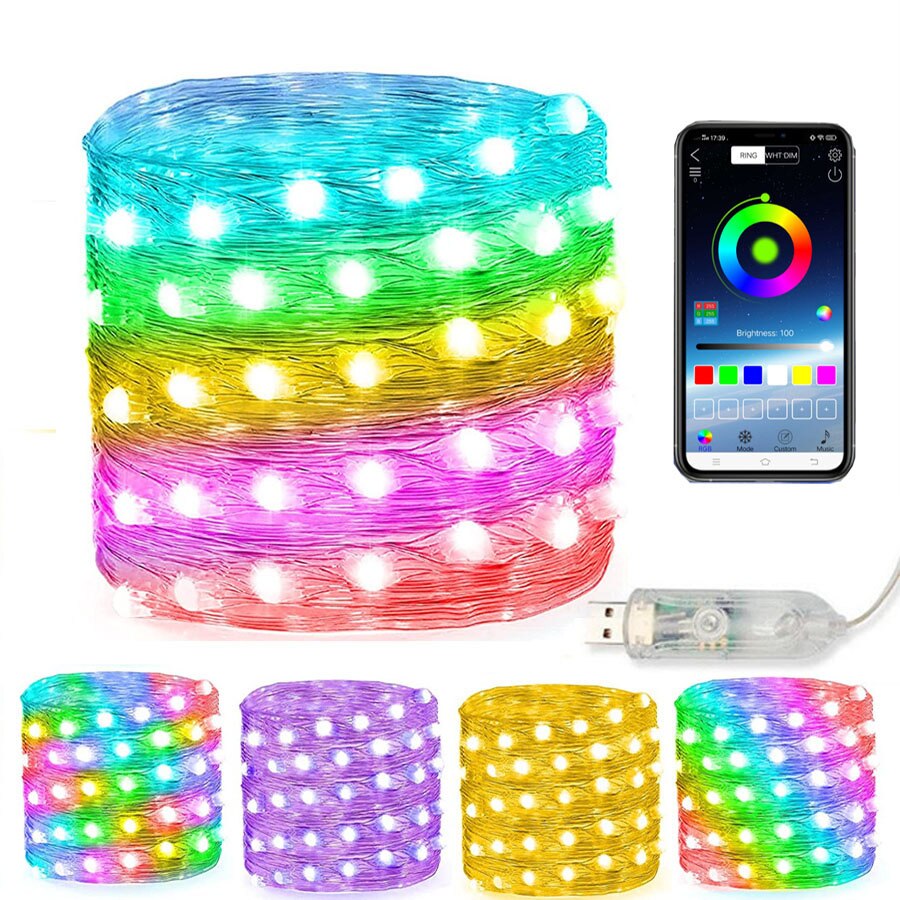 10/20m usb juletræ fe string lys med telefon smart bluetooth app kontrol kobbertråd guirlande lys til bryllup indretning