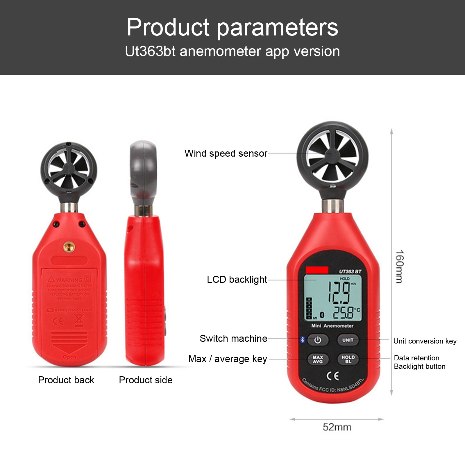 UT363BT Anemometer Digital Wind Speed Measurement Temperature Tester LCD Display Handheld Air Flow Speed Wind Meter Monitor
