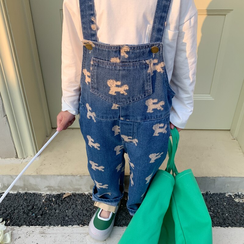 Monos de mezclilla con dibujos de perros para niños y niñas, pantalones informales holgados con tirantes, unisex, Primavera