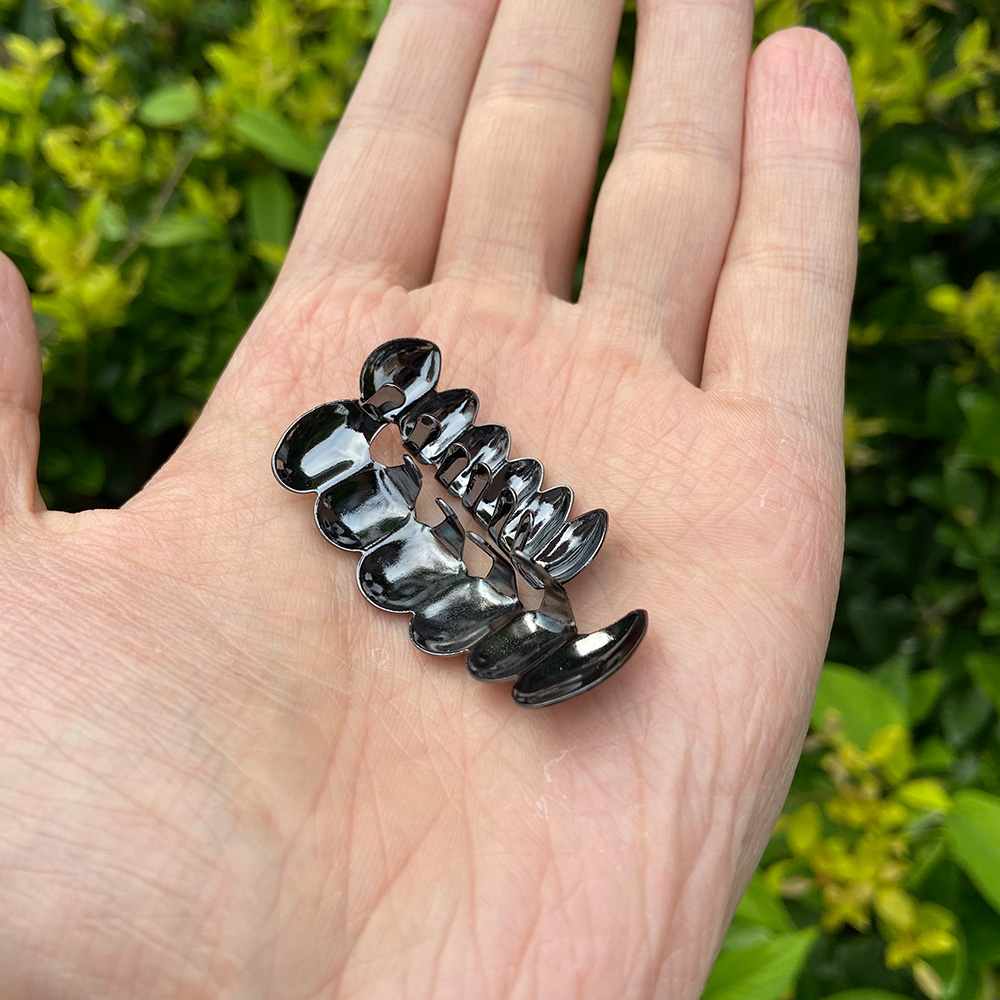 RACHELZ Hip Hop colmillos negros Diente Grillz 14K chapado en oro 6/6 tapas de dientes decoración parrillas dentales para hombres mujeres joyería de Halloween