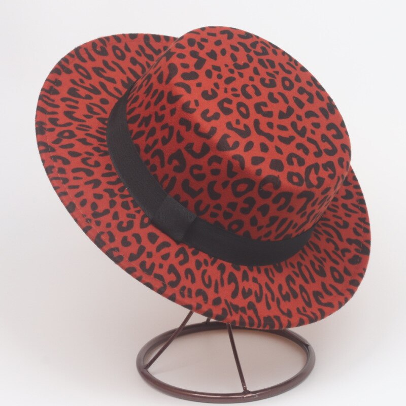 Kvinner menn leopardprint ullfilt båtlue avlet brem flat topp fedora hattemaker retro damer formell fest trilby lokk: Gummirød