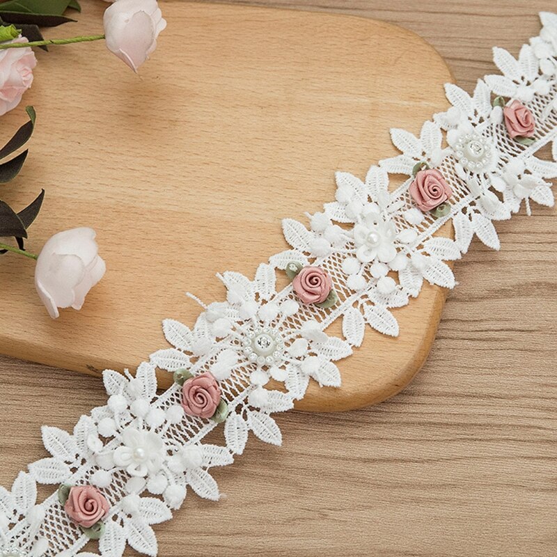 1 Yard Rose Flower Embroidery Lace Trim Ribbon Pearl Beaded DIY Sewing Applique X7YA: B