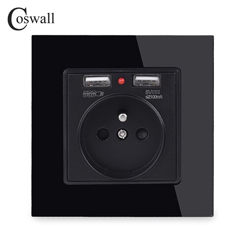 Coswall krystallglasspanel dobbel usb-ladeport 2.1a veggladeradapter ledet-indikator 16a fransk strømuttak svart farge: misligholde tittel