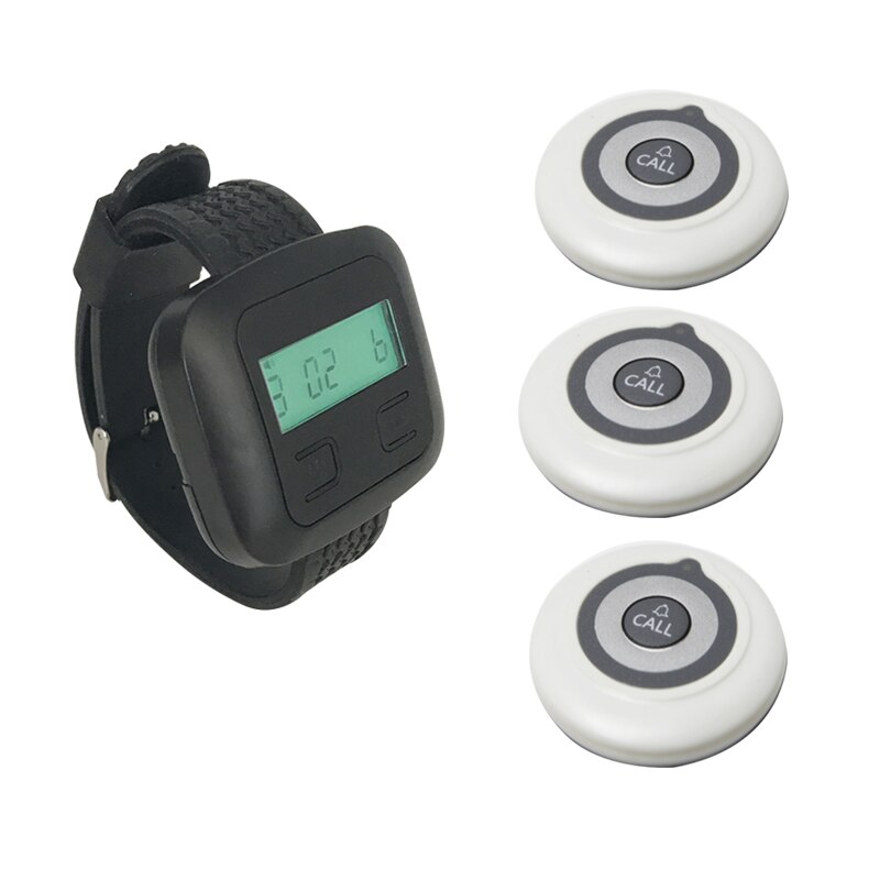 Draadloze Belknop Zender 1 Polshorloge Ontvanger + 3 Ultradunne Pagers Wit Bruin Zwart Voor Restaurant Koffie Winkel: white