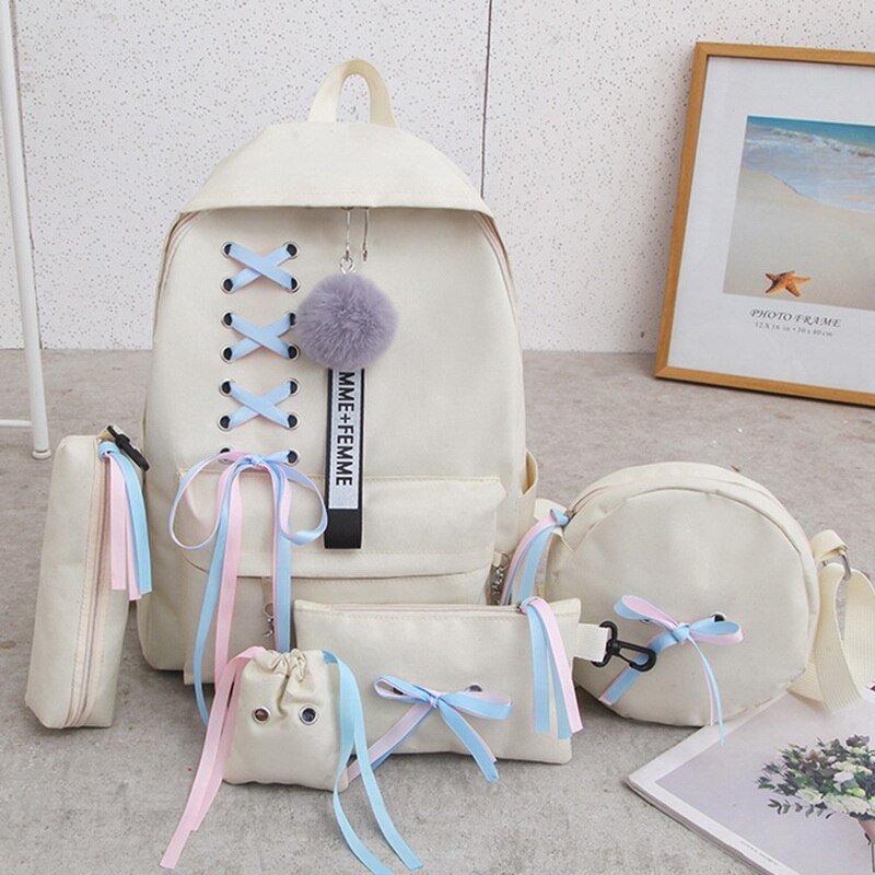 5 pçs/set mulheres mochila adolescente meninas corrente usb sacos de lona mochilas bolsa ombro feminino estudante sacos escola borla