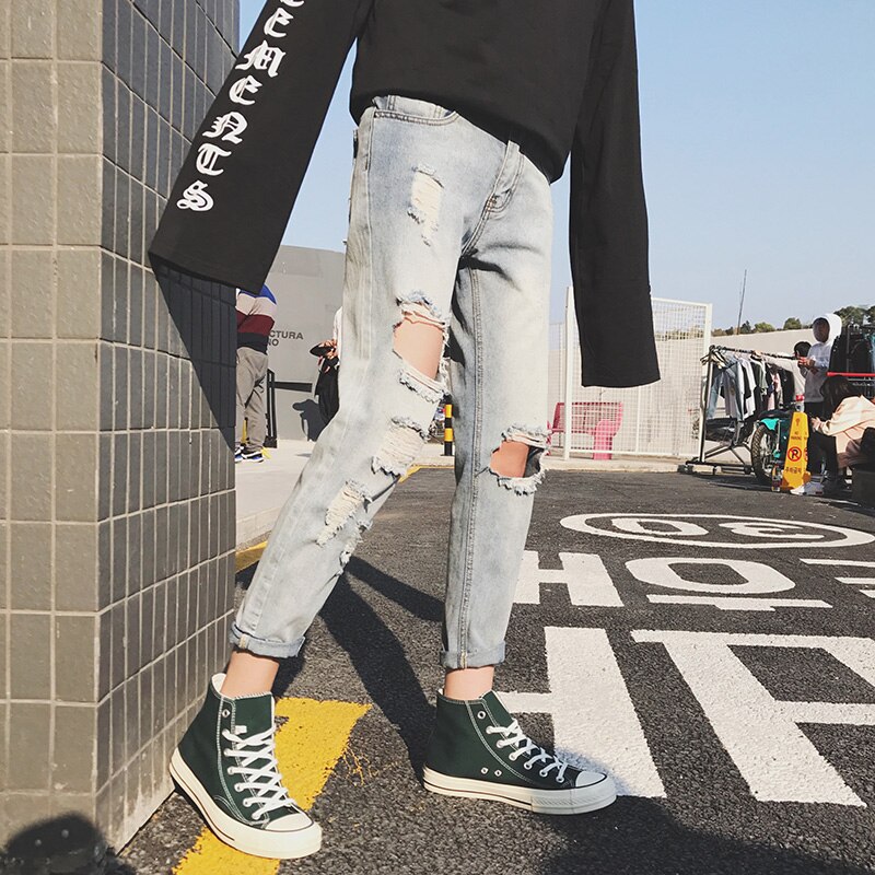 Lappster skinny jeans herr slitna hål streetwear herr distressed jeans slim fit manliga blå jeansbyxor: 29