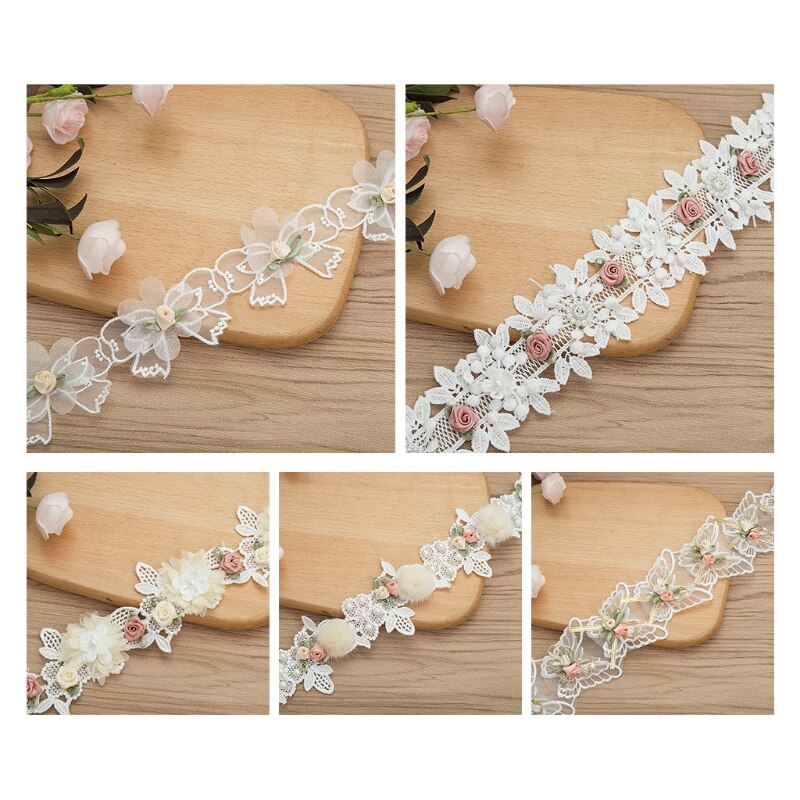 1 Yard Rose Flower Embroidery Lace Trim Ribbon Pearl Beaded DIY Sewing Applique 449F