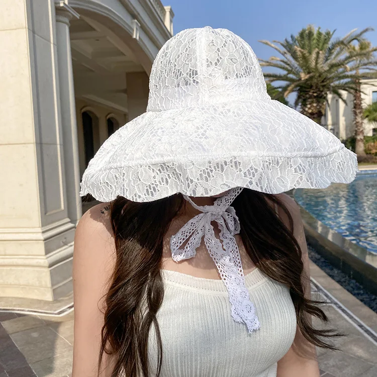 White Lace Sun Hat Summer Hats for Women Bucket Hat Beach Sunhat Large Wide Brim Summer Cap for Women: WHITE