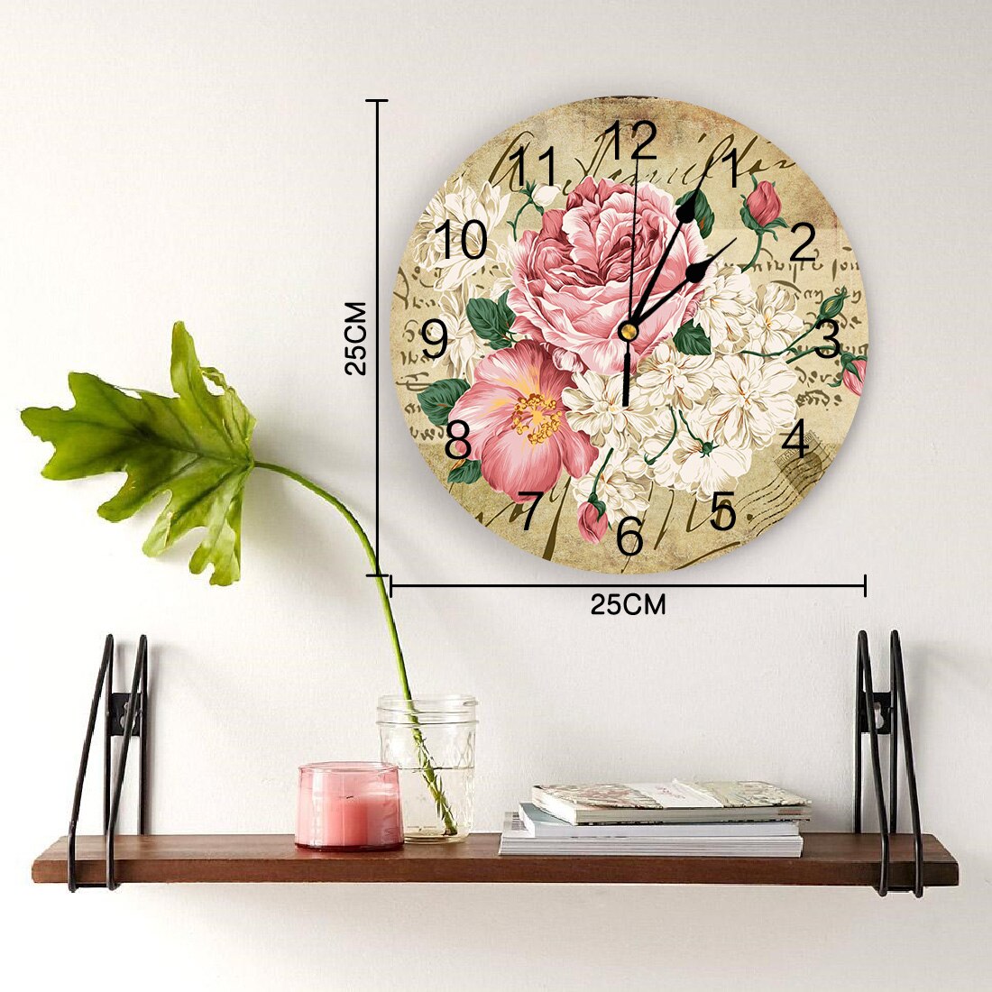 Bouquet Pink Retro Stamp White Wall Clock Living Room Decor Home Bedroom Decor PVC Wall Watch Circular Wall Digital Clock