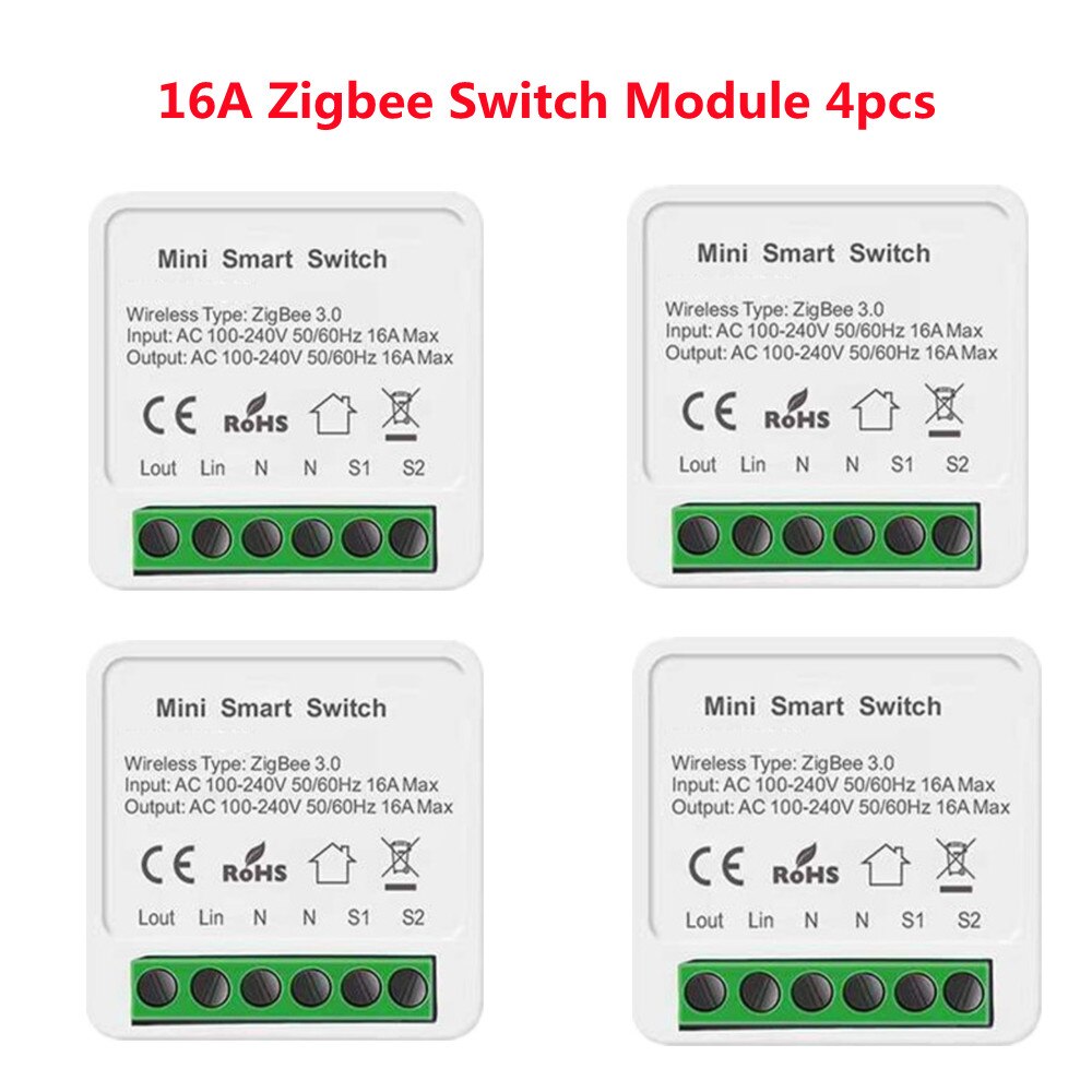Mini Smart Zigbee Schakelaar 16A Smart Home Automation Module Werkt Met Alexa Google Thuis Slimme Leven App Ondersteunt 2 Manier controle: 4pcs
