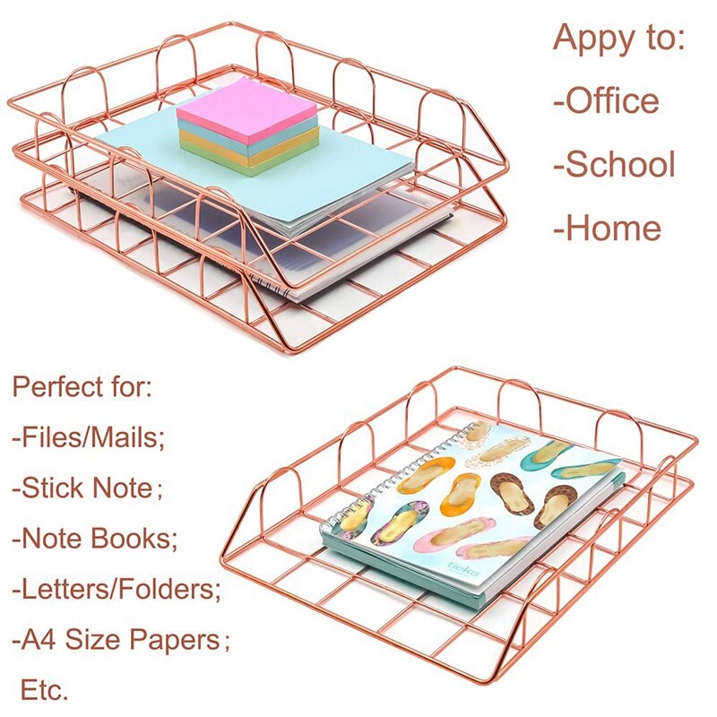 1 Set Of 2 Office Supplies Metal Stackable File Document Letter Tray Organizer, Rose Gold