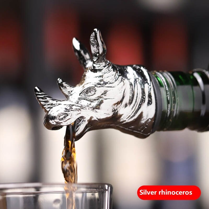 Zinc Alloy Deer Stag Head Wine Pourer Unique Wine Bottle Stoppers Wine Aerators Bar Tools Get Together: Silver rhinoceros