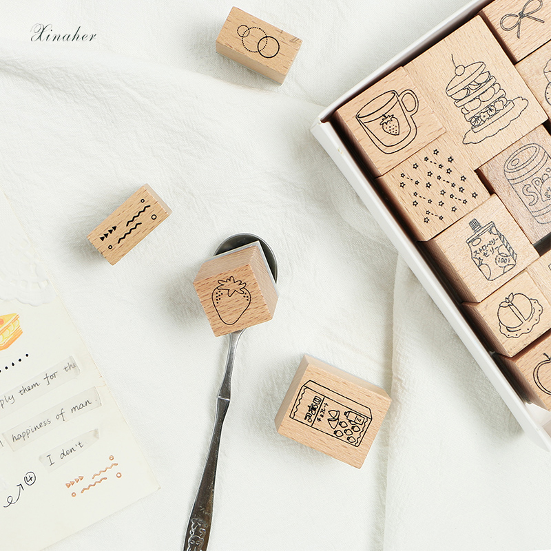 XINAHER 16 stks/set cake drankjes voedsel stempel DIY houten stempels voor scrapbooking briefpapier scrapbooking standaard stempel
