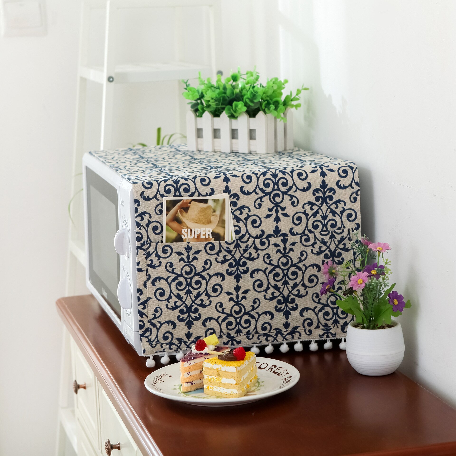 Cubierta de porcelana con flores para microondas, bolsa de almacenamiento de aceite con cubierta de polvo, suministros de accesorios de cocina, decoración del hogar