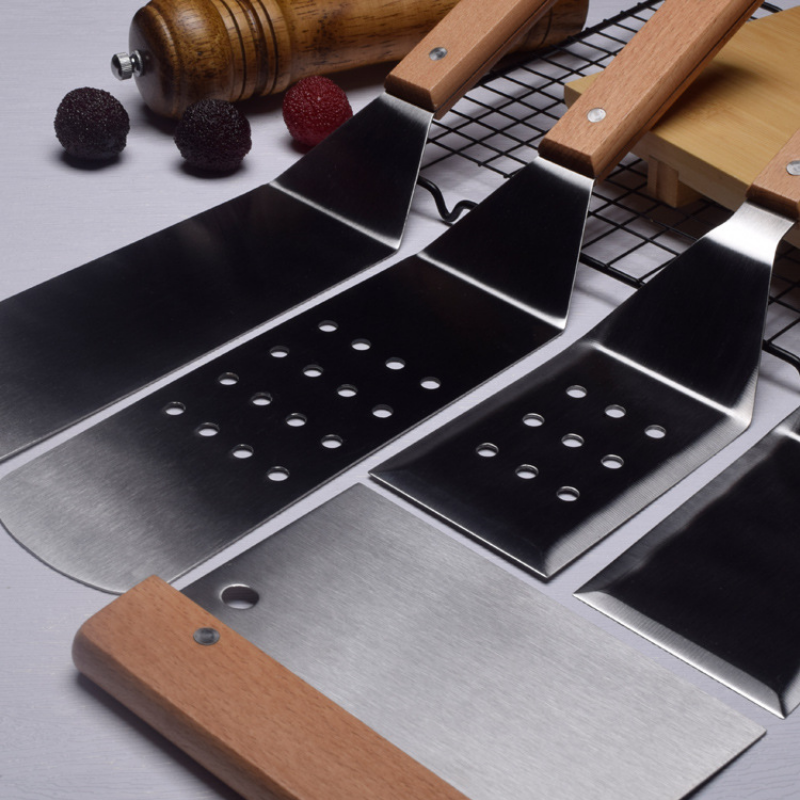 American Teppanyaki Set Beech Wood Handle Barbecue Tool Portable Outdoor Barbecue Shovel BBQ Shovel Cooking Frying Shovel