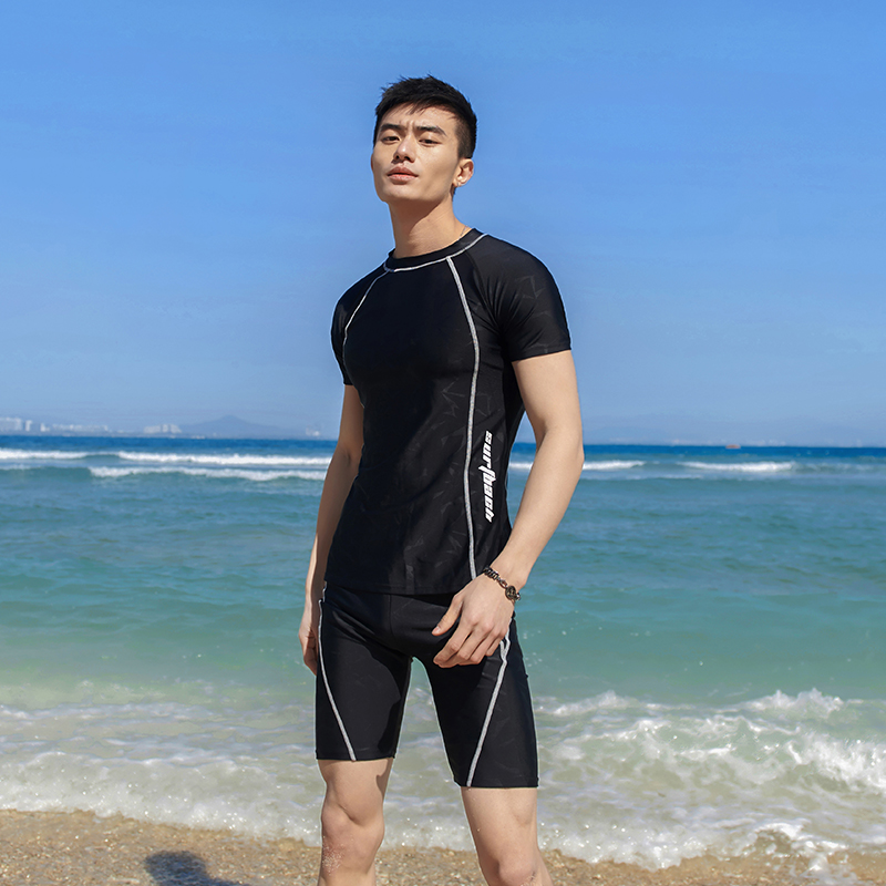 Two Piece Short Sleeve Surfing Swimsuit Men Plus Size Swimwear Shirt+shorts Korean Style Swimming Suit Maillot De Bain Homme