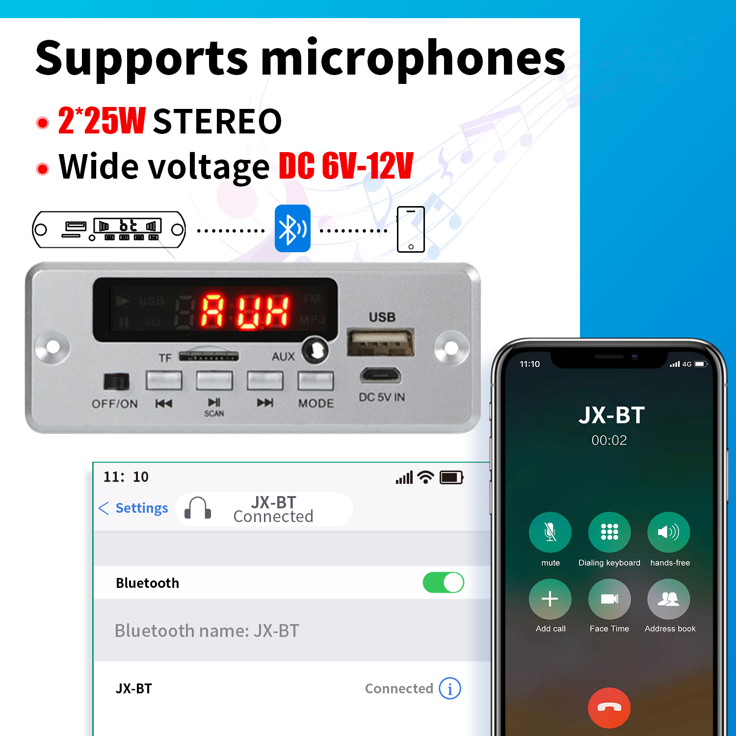 Amplificatore 50W Bluetooth 5.0 scheda di decodifica MP3 12V lettore musicale Wireless modulo Audio USB TF AUX Radio FM per altoparlante vivavoce