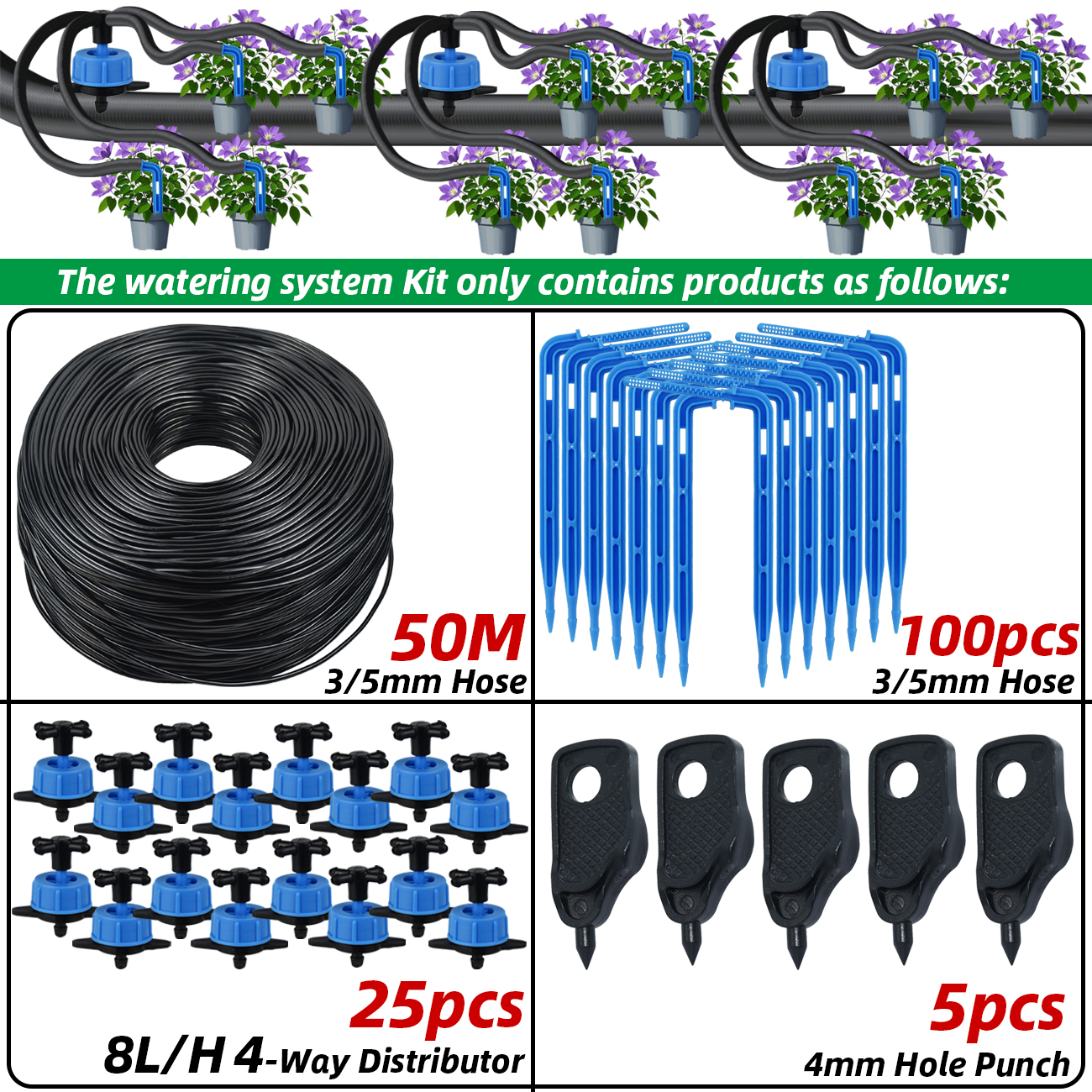 KESLA 10-100M 4Way 2Way 8L Drip Irrigation Kit Transmitter 3/5mm Hose Watering System Dripper Sprinkler Pot Planting Greenhouse: PURPLE