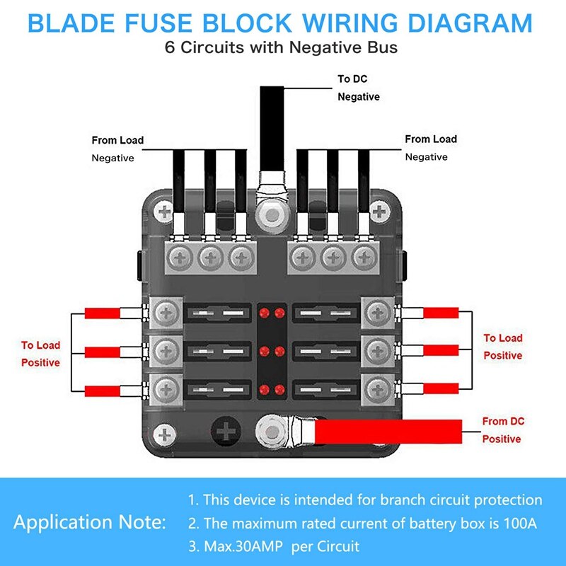 6 Way 12V Fuze Box 12Volt Blade Fuze Block, 6 Circuit with Negative Bus Waterproof Fuze Box with LED Indicator