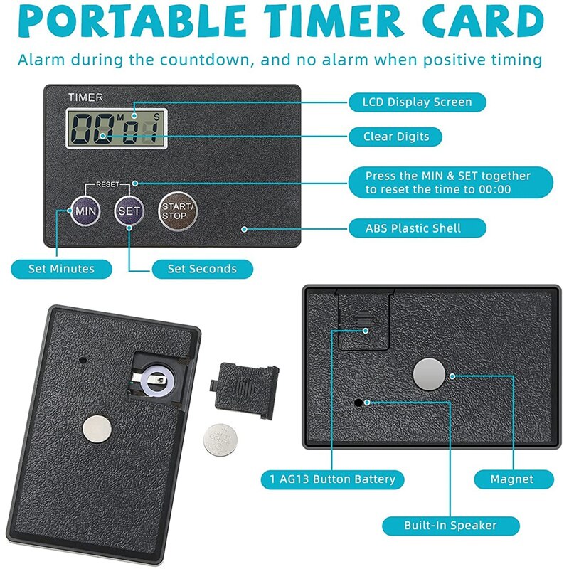 4 Pieces Magnetic Timer Portable Timer Credit Card Size Digital Countdown Timer Magnetic Back with Clip Cooking Timer