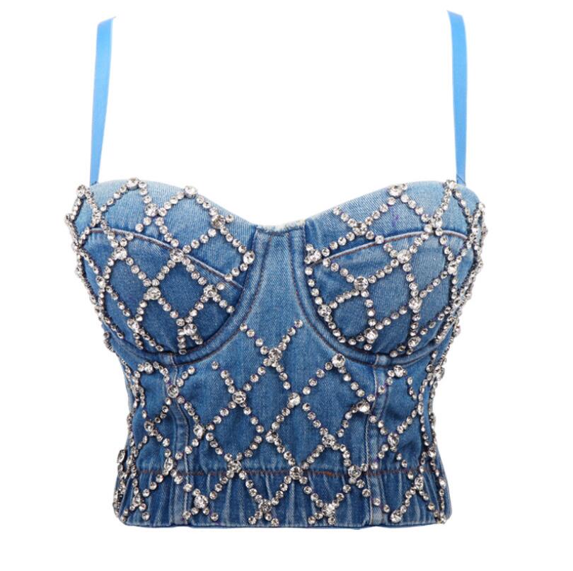 Denim diamantväst dam bustier bh nattklubb fest cropped top väst plus size handgjord väst diamant bh  p1262