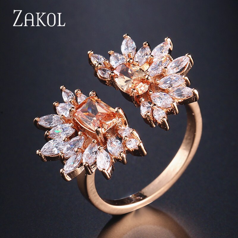 ZAKOL Yellow Square AAA Cubic Zirconia Adjustable Ring for Women Leaf Bridal Wedding Party Dress Jewelry FSRP2109: Champagne