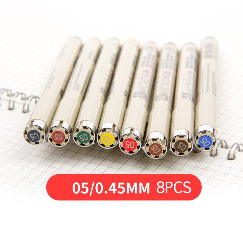 Markører sæt pigma micron pen blød pensel tegning maleri vandtæt pen 005 01 02 03 04 05 08 1.0 2.0 3.0 pensel kunst markører: 05-0.45mm 8 stk
