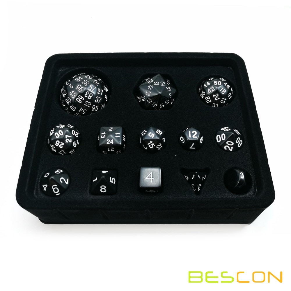 Bescon Compleet Polyhedrale Dobbelstenen Set 13 Pcs D3-D100, 100 Zijden Dobbelstenen Set Opaque Black