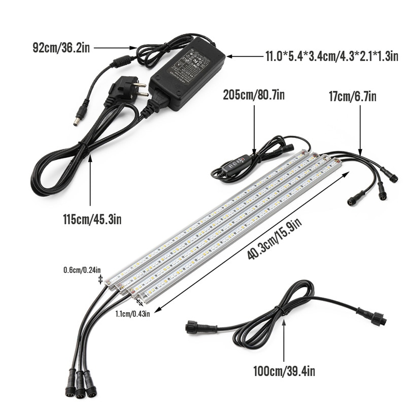 4 stuks led kweeklampstrips volledig spectrum/rood+blauw/warm wit kamerplanten zaden fytolamp timing dimmer met / 12v 5a