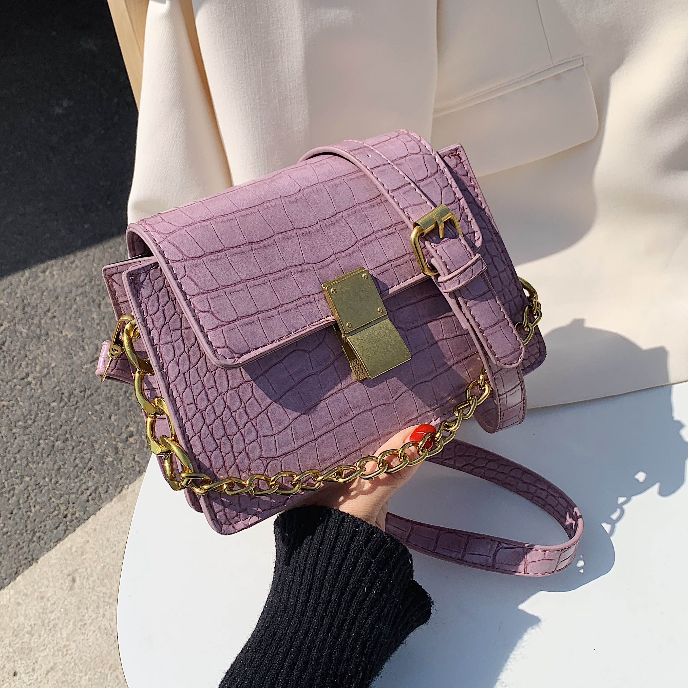 Crocodile Pattern Purple Pu Leather Crossbody Bags For Women Summer Chain Small Shoulder Handbags Female Totes