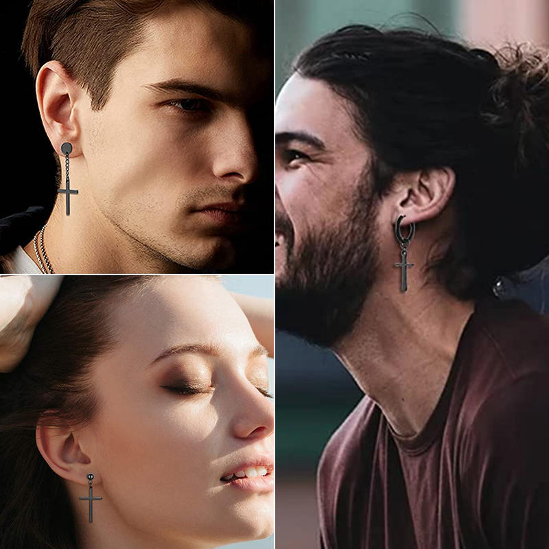 Pendientes de aro Punk negros de acero inoxidable para hombres y mujeres, pequeños colgantes de Cruz redonda de , accesorios de joyería, pendientes