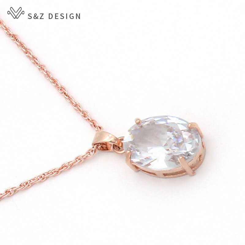 S&Z Oval Egg Shape Cubic Zirconia 585 Rose Gold White Gold Pendant Necklace For Women Wedding Party Jewelry