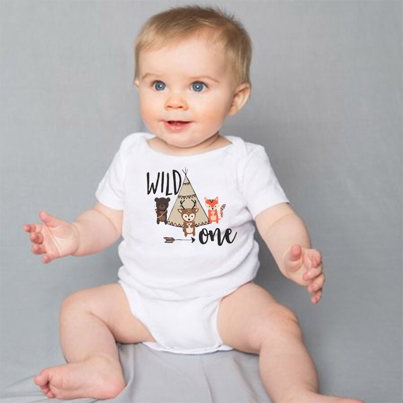 DERMSPE Newborn Baby Boy Girl Short Sleeve Letter Print Wild One Bear Giraffe Fox Jumpsuit Summer Baby Clothes White