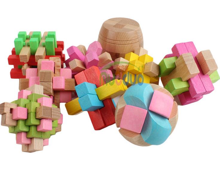 colorful wooden Luban Lock Classic IQ Wooden Puzzle Mind Brain Teasers Burr Puzzles Game Toys for Adults Children