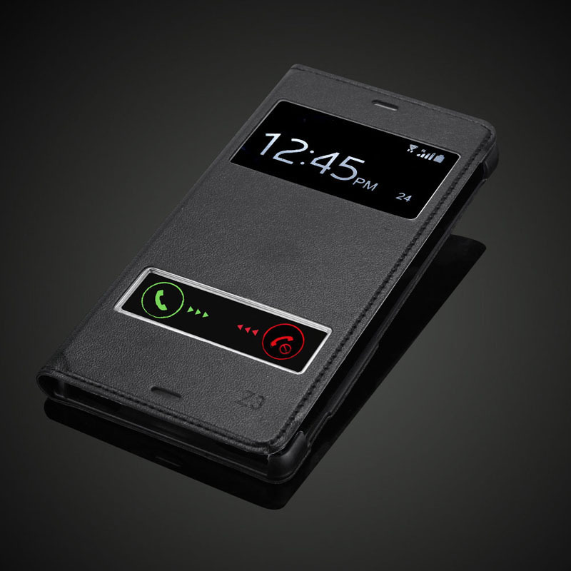 Para Sony Xperia Z3 D6603 D6643 D6653 D6616 D6633 cubierta de la carcasa de la batería de lujo Hashion View Windows Flip Funda de cuero PU: Black