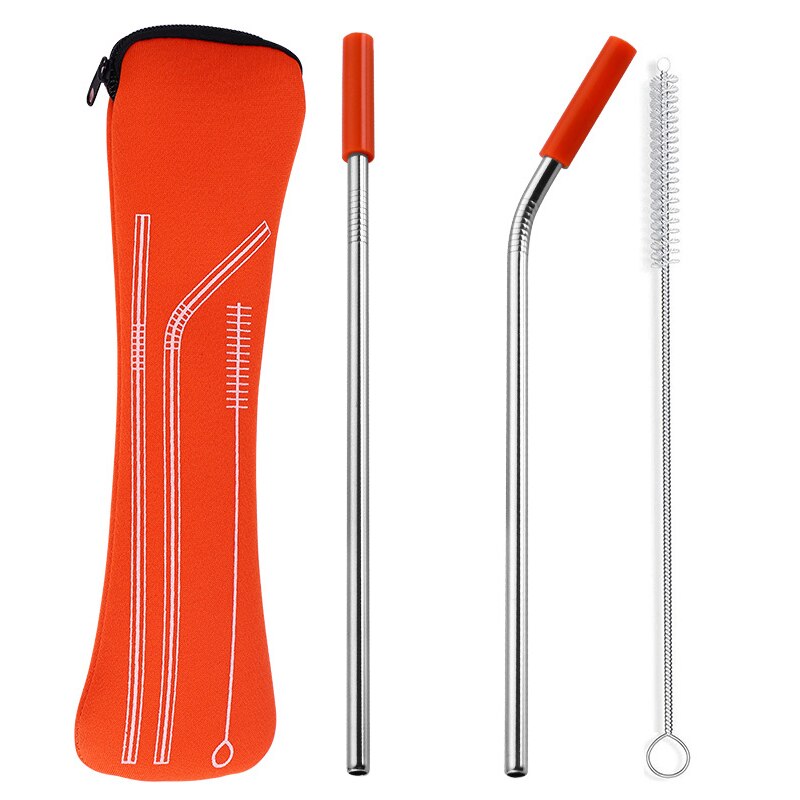 1 set Reusable Stainless Steel Straws Straight Bent Drinking Straws with Silicone Tips Cold Beverage Metal Drinking Straw: orange 2pcs