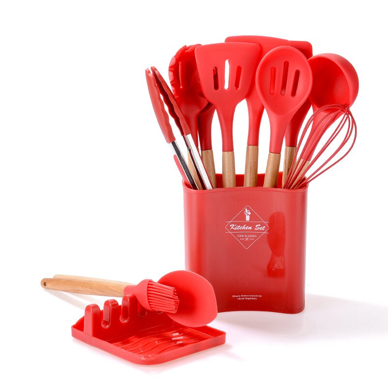 13Pcs Kitchen Silicone Cooking Utensils Set Wooden Handle Silicone Spatula Spoon Nonstick Kitchen Cooking Tools With Storage Box: Red