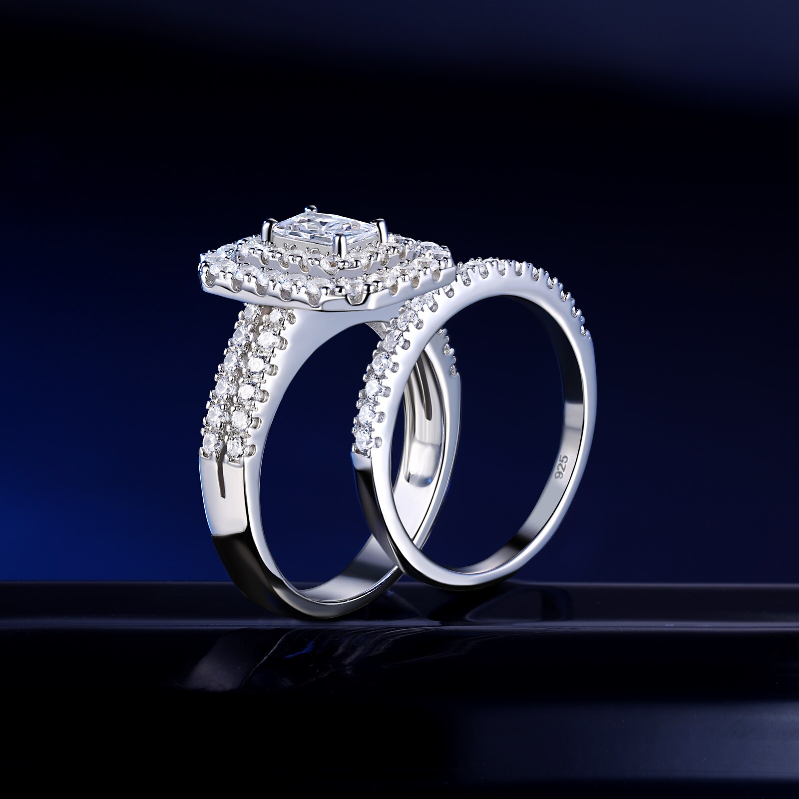 Newshe 2 Pieces 925 Sterling Silver Engagement Wedding Rings Sets For Women Double Halo Rectangle AAAAA CZ Gorgeous Jewelry