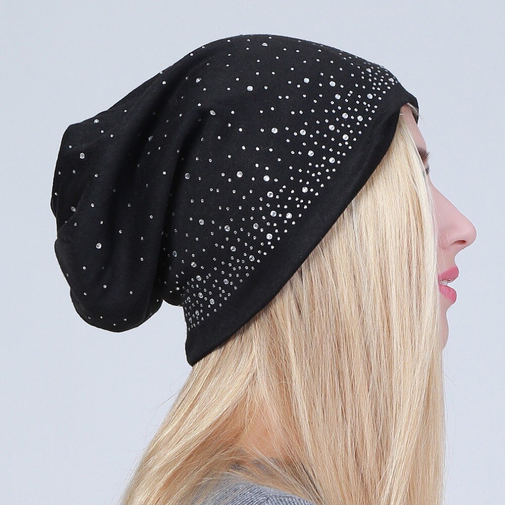 Geebro Women's Winter Slouchy Diamond Beanies &amp; Skullies Ladies Cotton Beanie Hat with Rhinestones Casual Thick Outdoor Ski Caps