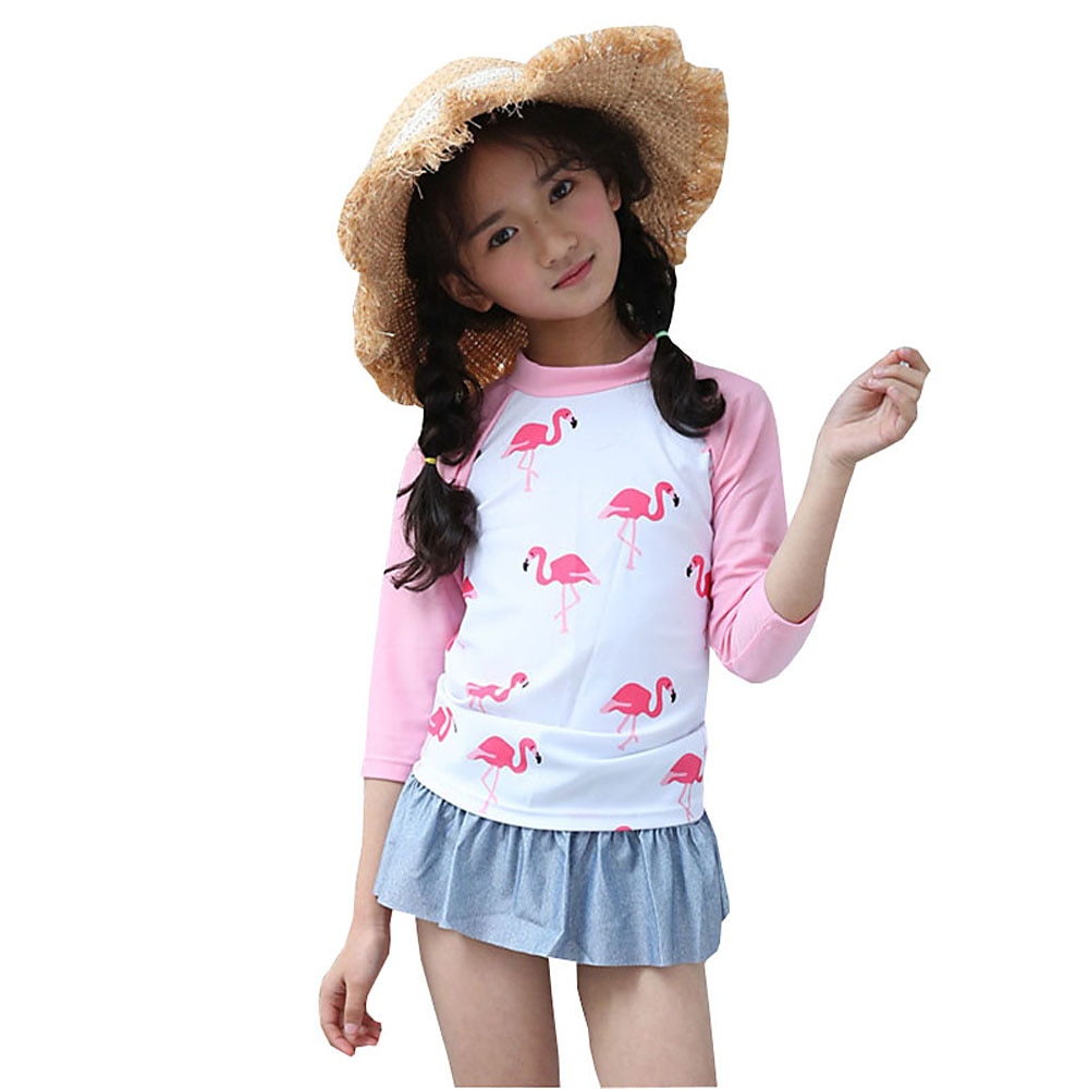 Meisjes tweedelige pakken kinderen lange mouwen badpak 3-14 jaar kind schattige flamingo badmode rok zwempak badpak