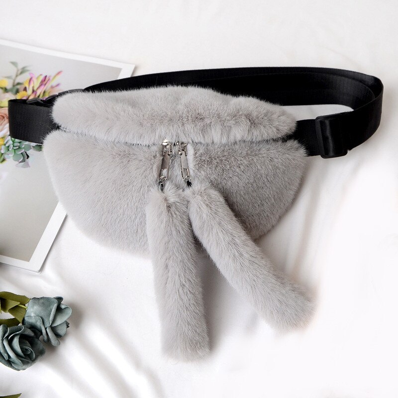 Women Travel Faux Fur Bag Belt Waist Bag Girls Handbags Women Casual Lapel Shoulder Bag Tote Bag: light grey