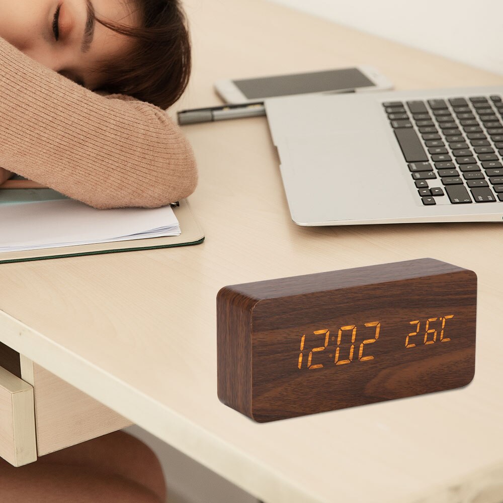 Digital Thermometer Holz LED Alarm Uhr Hintergrundbeleuchtung Stimme Kontrolle Holz retro glühen Uhr Schreibtisch Tabelle leuchtend Alarm Uhren