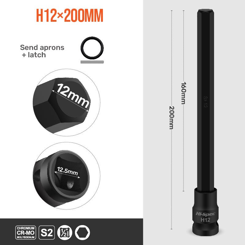 Hi-Spec 200MM Extended Socket Sets 1/9pc Hexagon Socket Length Adapter 1/2" CR-MO Hex Head Screwdriver Bits H4-H19 With Magnetic: H12