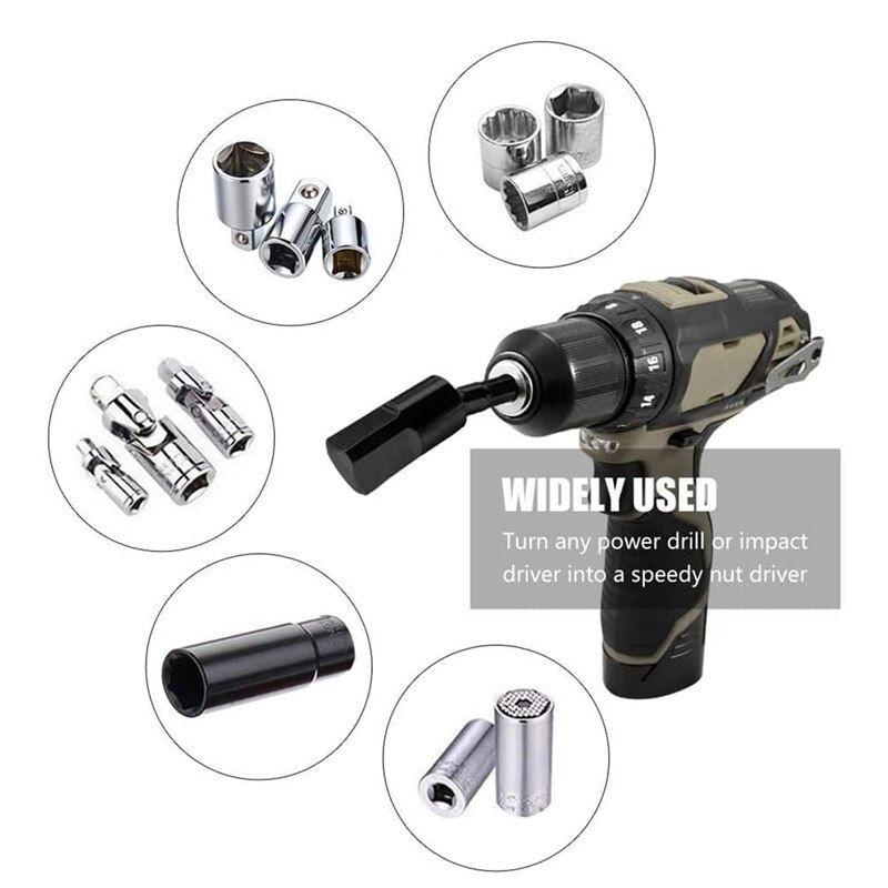 3PC Wobble Socket Adapters Universal Joint Swivel Socket Set, 1/4 Inch Hex Shank to 1/4 3/8 1/2 Square Socket Drives