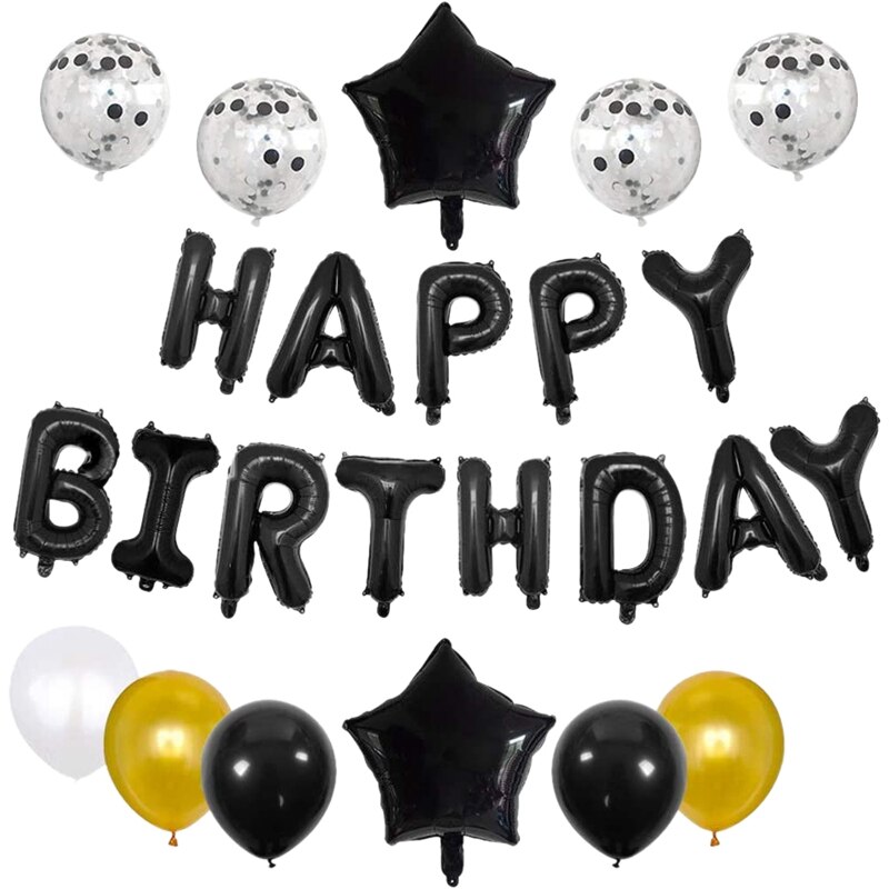 Black Happy Birthday Balloons Birthday Party Decor Letters Balloons+Giant Star Foil and Confetti Balloons+Latex Balloons: Default Title
