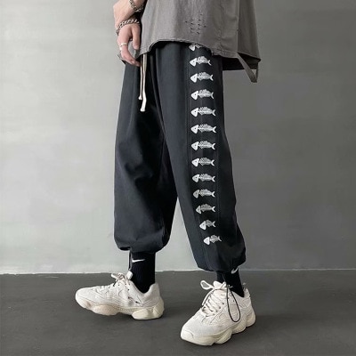 Calças masculinas sólido lado listrado fishbone sweatpants casual solto coreano grandes dimensões harem calças streetwear japonês corredores calças