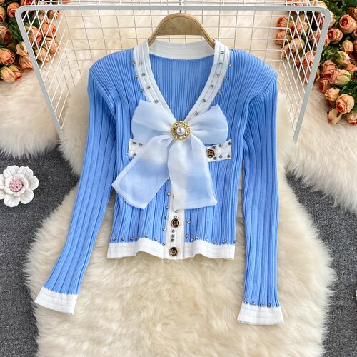 Gebreide Vest Vrouw Truien Lange Mouw Trui Vrouwen Pailletten Vlinder Uitloper Breien Vesten: Blauw